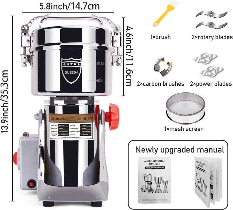 GOLDTOUCH 750g Grain Mill Grinder 2800W Electric Stainless Steel Grain Grinder High-Speed Pulverizer Powder Machine for Dry Wheat, Oats, Corn, Pepper and Coffee Beans (750g Swing Type) - Image 4